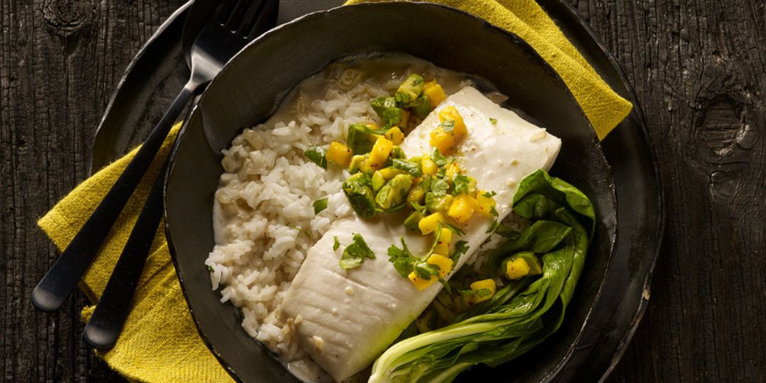 Coconut Poached Halibut & Mango-Avocado salsa